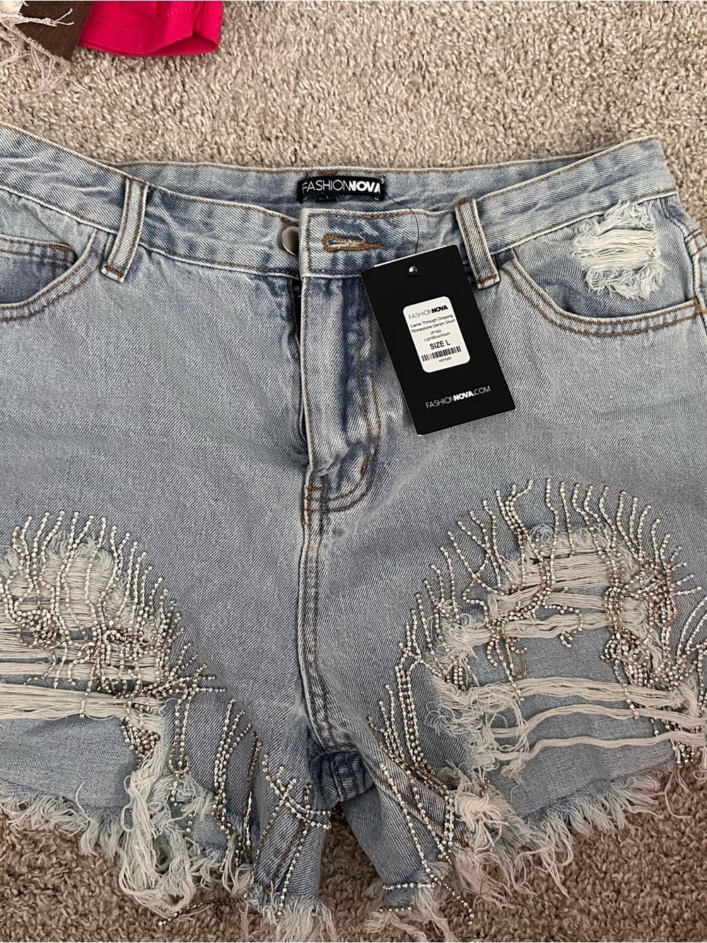 Fashion Nova Light Blue Distressed Rhinestone Denim Shorts
